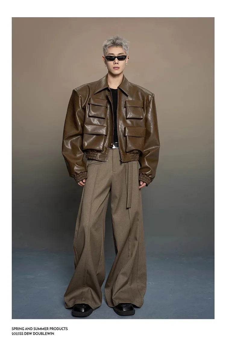 Y2K Mens PU Leather Jacket Pocket Motorcycle Coat Flip Collar Casual Gothic High Street Dark Silhouette Top Men's Wear 2025