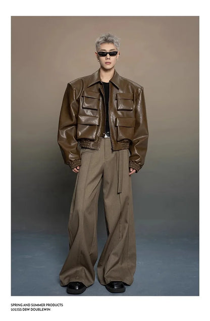 Y2K Mens PU Leather Jacket Pocket Motorcycle Coat Flip Collar Casual Gothic High Street Dark Silhouette Top Men's Wear 2025