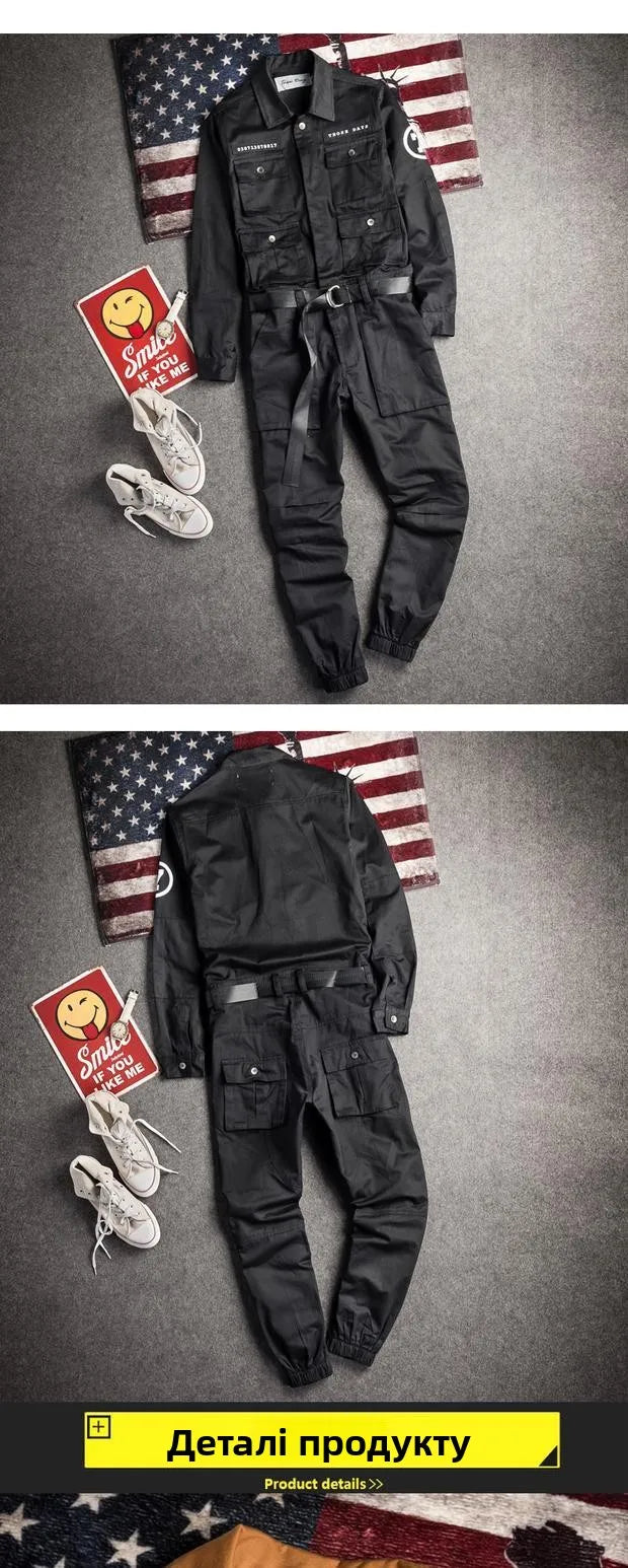 Hip Hop Workwear Pants Jumpsuit Retro Japanese Sle Men's Cuffed Long Pants Personalized Trendy Youth Loose Fit Printed