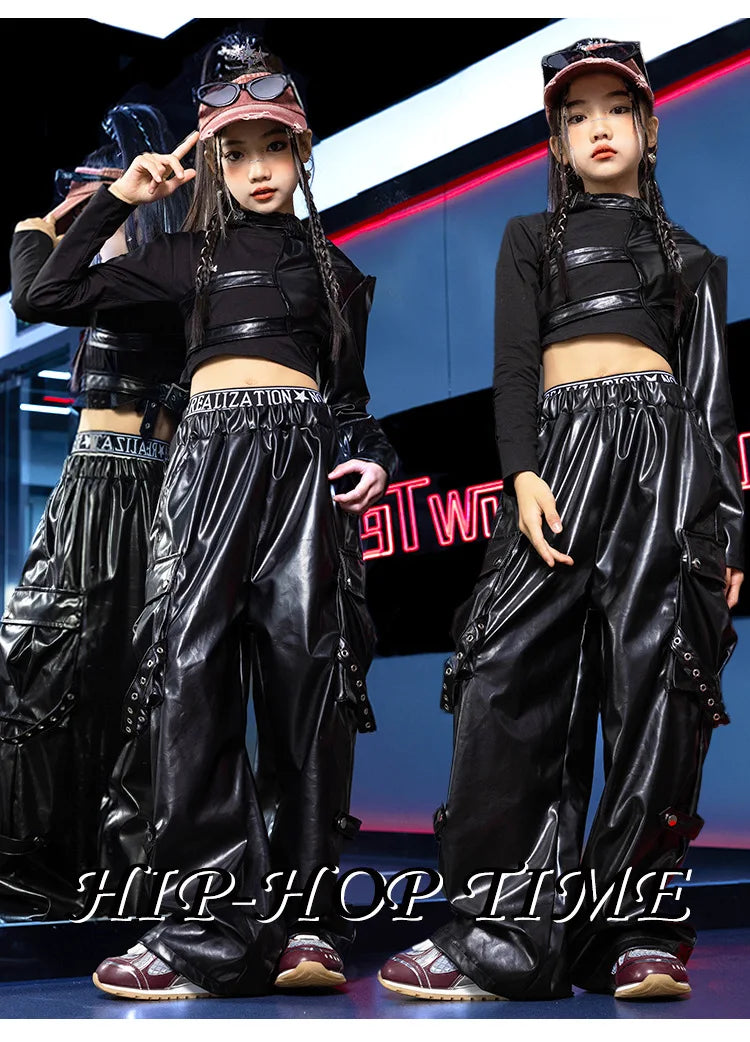 Jazz Dance Girls Clothes Kids Hip Hop Dance Costume Black Leather Crop Tops Hiphop Pants Catwalk Performance Clothing BL13600