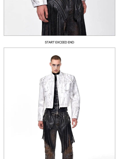 FEWQ High Street Men's PU Leather Jackets Stand Collar Shoulder Pads Dirty-dying Contrast Color Loose Male Short Coats 24K5621