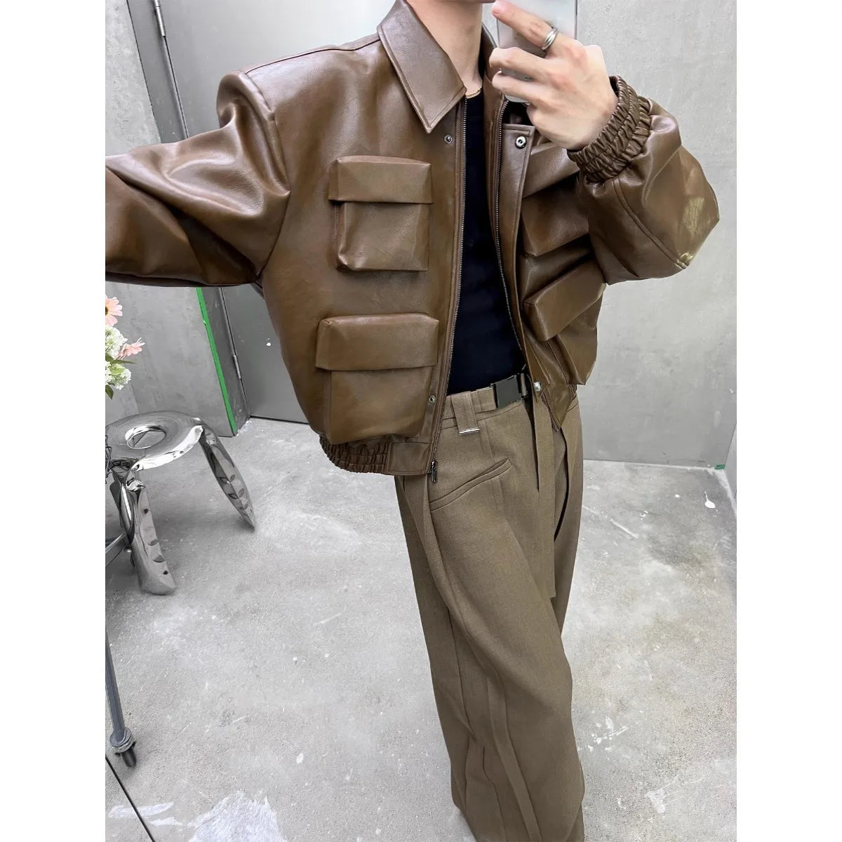 Y2K Mens PU Leather Jacket Pocket Motorcycle Coat Flip Collar Casual Gothic High Street Dark Silhouette Top Men's Wear 2025