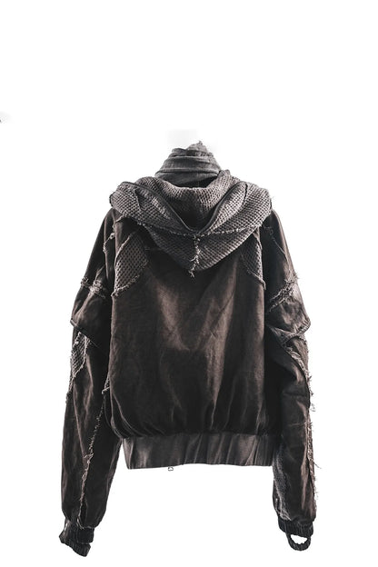 Waste Soil Style Mesh Splicing Hooded Short Jacket Washed Distressed Stereoscopic Cut Loose Coat  for Men