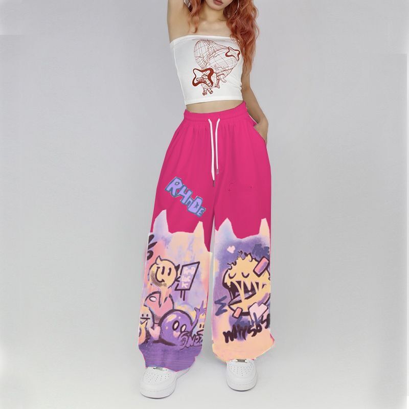 American Street Hip Hop Straight Graffiti Casual Pants New Fashion Casual High Waist Pockets Jazz Dance Sports Wide Leg Trousers