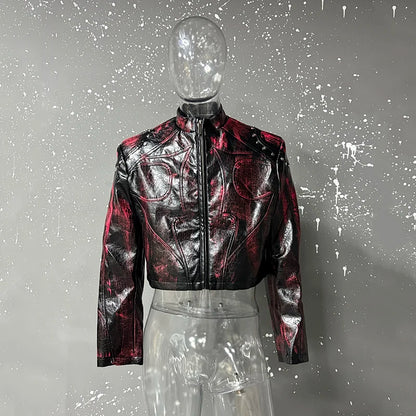 FEWQ High Street Men's PU Leather Jackets Stand Collar Shoulder Pads Dirty-dying Contrast Color Loose Male Short Coats 24K5621