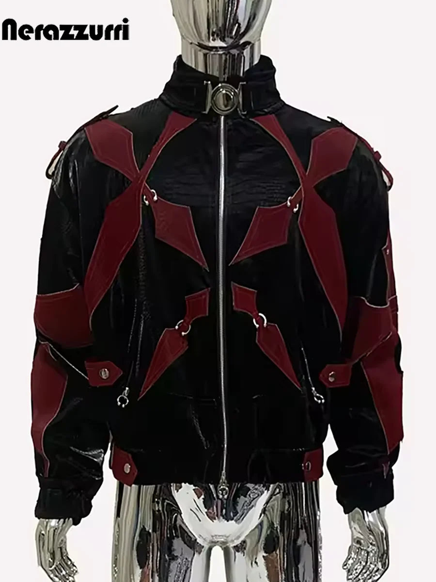 Mauroicardi Autumn Short Color Block Crocodile Print Faux Leather Jacket Men Stand Collar Luxury Designer Punk Style Emo Clothes