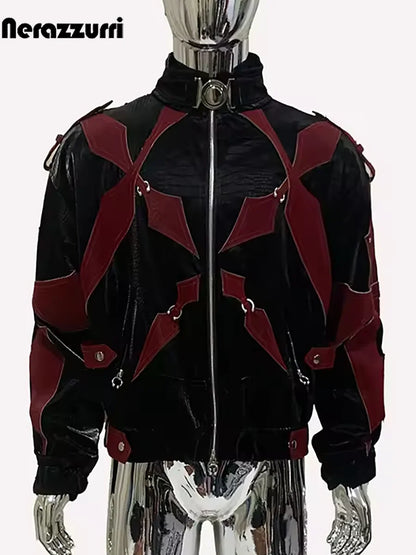 Mauroicardi Autumn Short Color Block Crocodile Print Faux Leather Jacket Men Stand Collar Luxury Designer Punk Style Emo Clothes