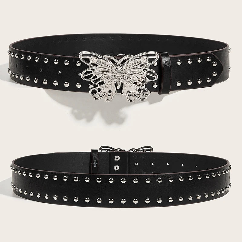 Retro Punk Style Rivet Belt For Women Girls Trendy Personality Butterfly Buckle Wide Belt Luxury Fashion Waistband Jeans Belt