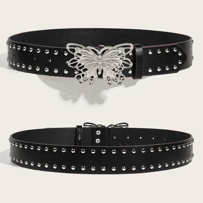 Retro Punk Style Rivet Belt For Women Girls Trendy Personality Butterfly Buckle Wide Belt Luxury Fashion Waistband Jeans Belt