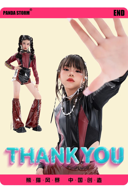 2025 Fashion Girls Jazz Dance Clothes Leather Tops Trousers Red Performance Suit Hip Hop Dance Costume Kids Stage Wear  BL18021