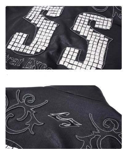 Motorcycle Style Black Short PU Leather Jacket Metal Letter Embroidered Leather Coat Men