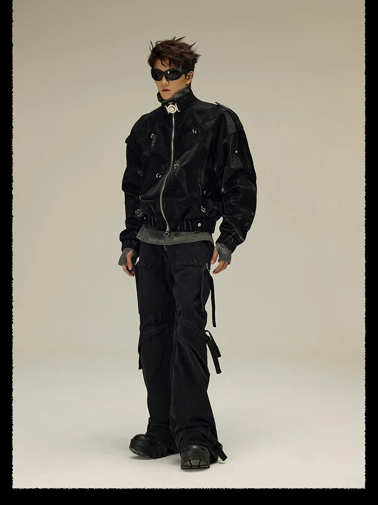 Mauroicardi Spring Autumn Cool Short Shiny Black Crocodile Print Pu Leather Jacket Men Luxury Designer Y2K Streetwear Clothes