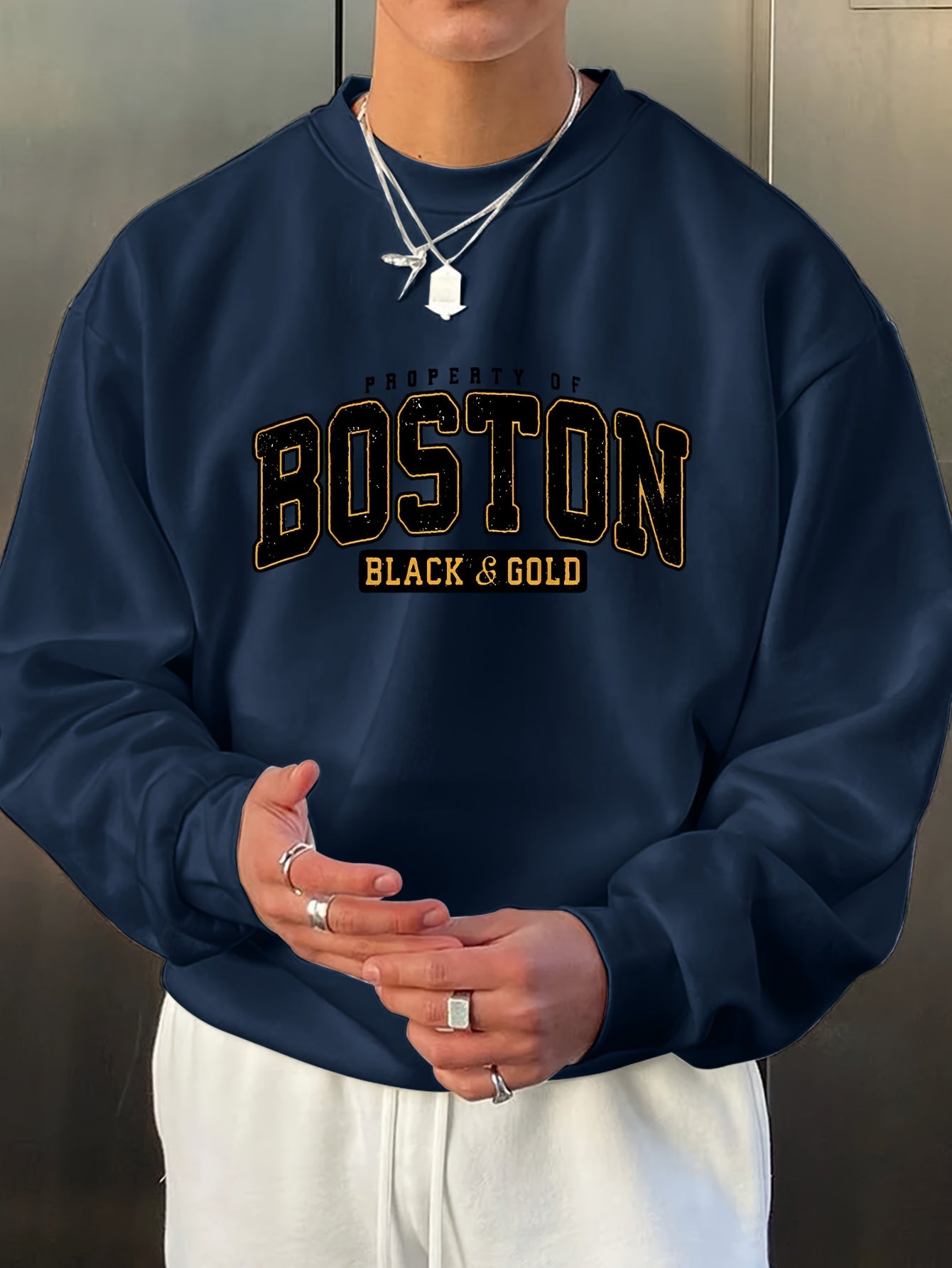 Stylish Boston Crew Neck Pullover Sweatshirt - Soft, Breathable, and Comfortable Long Sleeve Design for Outdoor Sports and Casual Wear - Perfect for Autumn and Spring, Great Gift Idea, Pairable with Hip-Hop Necklace