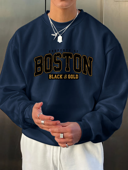 Stylish Boston Crew Neck Pullover Sweatshirt - Soft, Breathable, and Comfortable Long Sleeve Design for Outdoor Sports and Casual Wear - Perfect for Autumn and Spring, Great Gift Idea, Pairable with Hip-Hop Necklace
