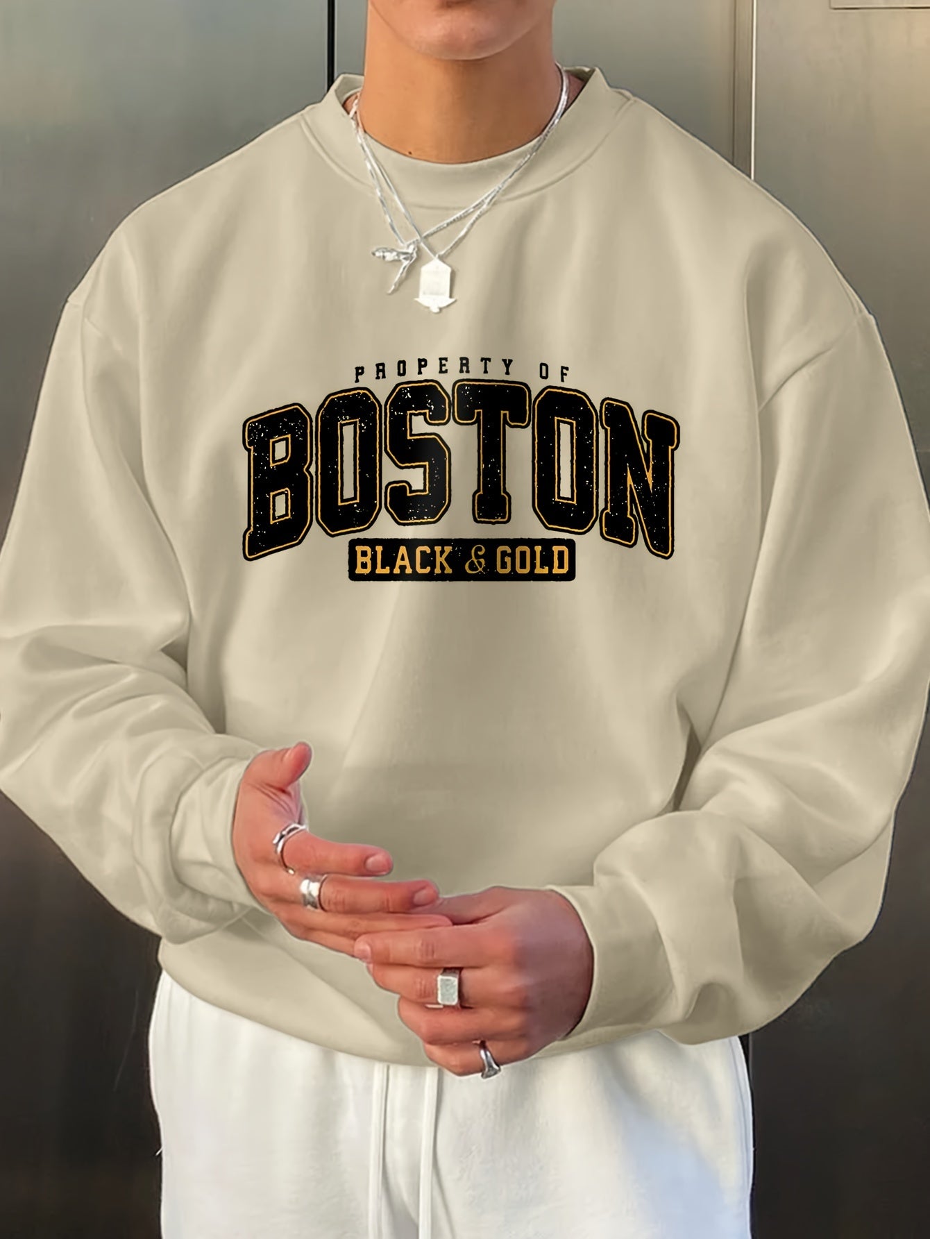 Stylish Boston Crew Neck Pullover Sweatshirt - Soft, Breathable, and Comfortable Long Sleeve Design for Outdoor Sports and Casual Wear - Perfect for Autumn and Spring, Great Gift Idea, Pairable with Hip-Hop Necklace