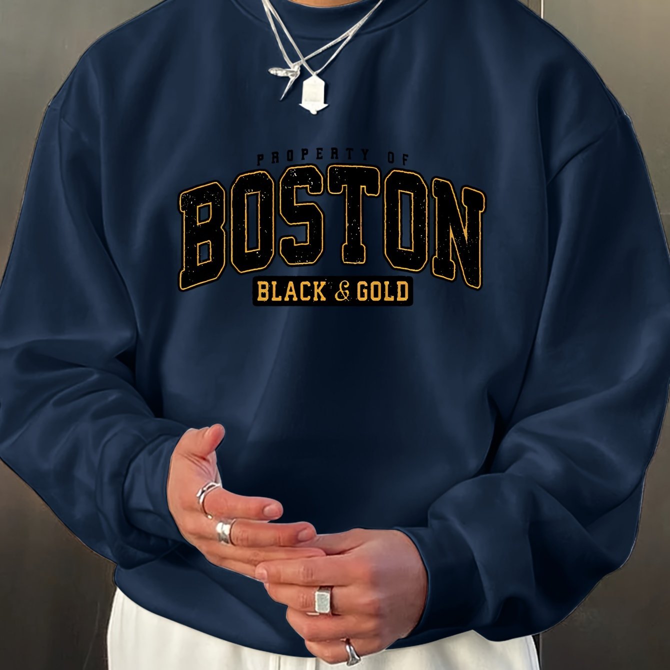 Stylish Boston Crew Neck Pullover Sweatshirt - Soft, Breathable, and Comfortable Long Sleeve Design for Outdoor Sports and Casual Wear - Perfect for Autumn and Spring, Great Gift Idea, Pairable with Hip-Hop Necklace