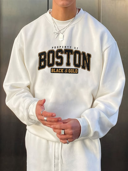 Stylish Boston Crew Neck Pullover Sweatshirt - Soft, Breathable, and Comfortable Long Sleeve Design for Outdoor Sports and Casual Wear - Perfect for Autumn and Spring, Great Gift Idea, Pairable with Hip-Hop Necklace