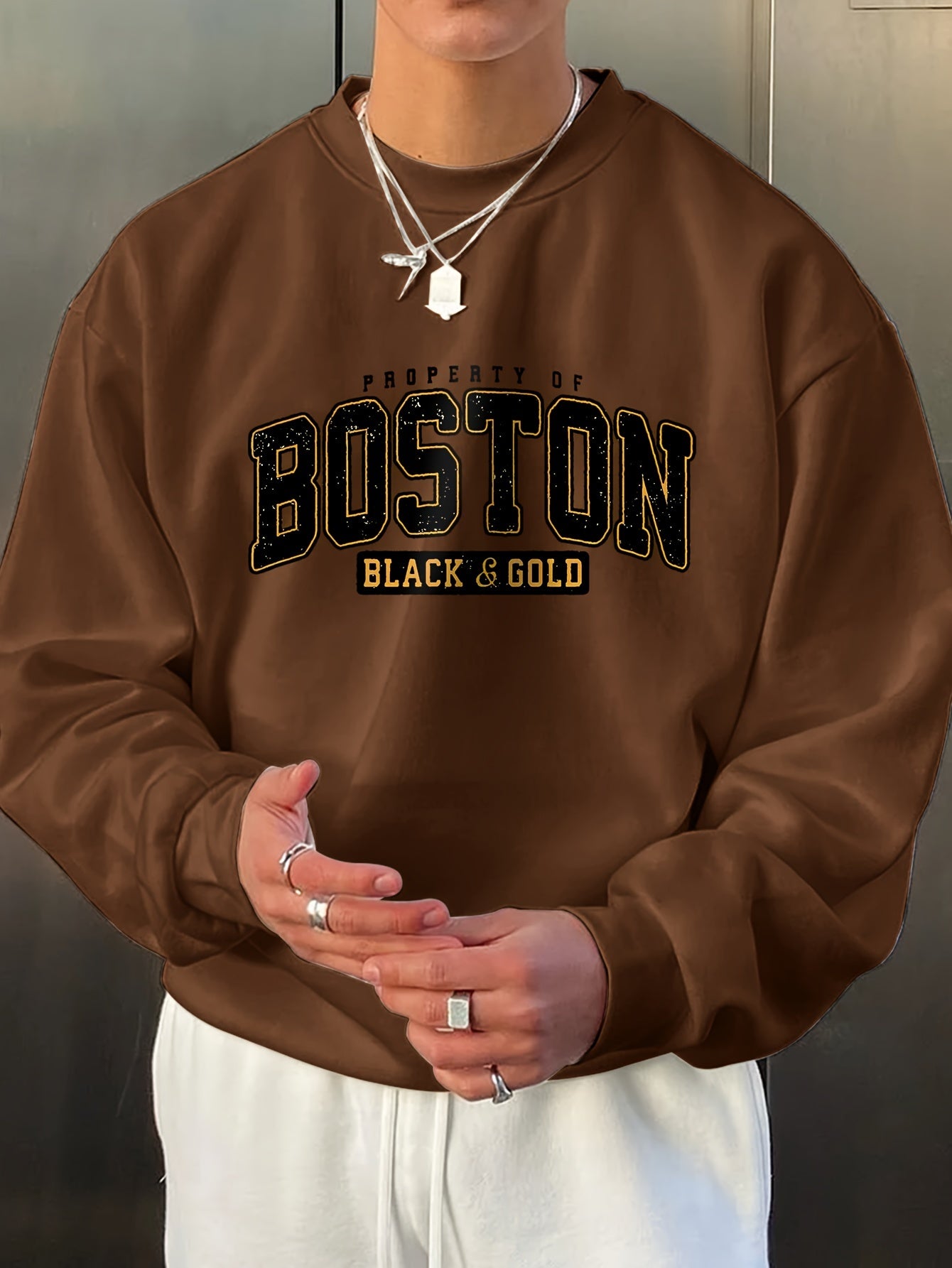 Stylish Boston Crew Neck Pullover Sweatshirt - Soft, Breathable, and Comfortable Long Sleeve Design for Outdoor Sports and Casual Wear - Perfect for Autumn and Spring, Great Gift Idea, Pairable with Hip-Hop Necklace