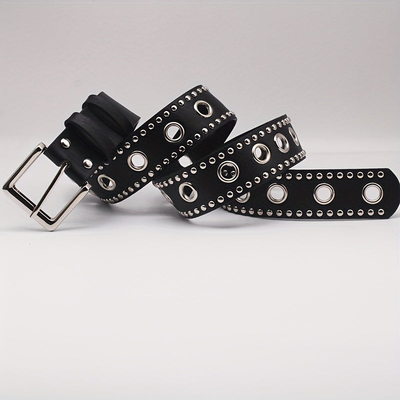 Punk Eyelet Rivet Studded Belts Black Hip Hop PU Waistband Trendy Jeans Pants Belt For Women & Men