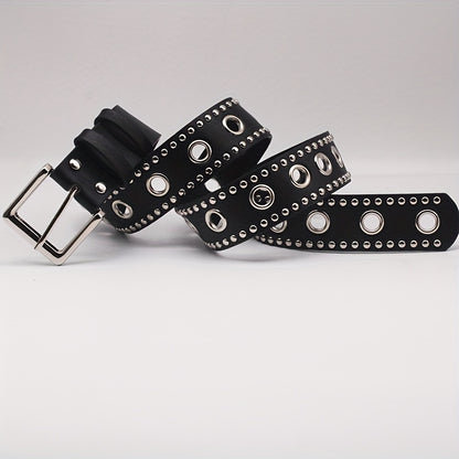 Punk Eyelet Rivet Studded Belts Black Hip Hop PU Waistband Trendy Jeans Pants Belt For Women & Men