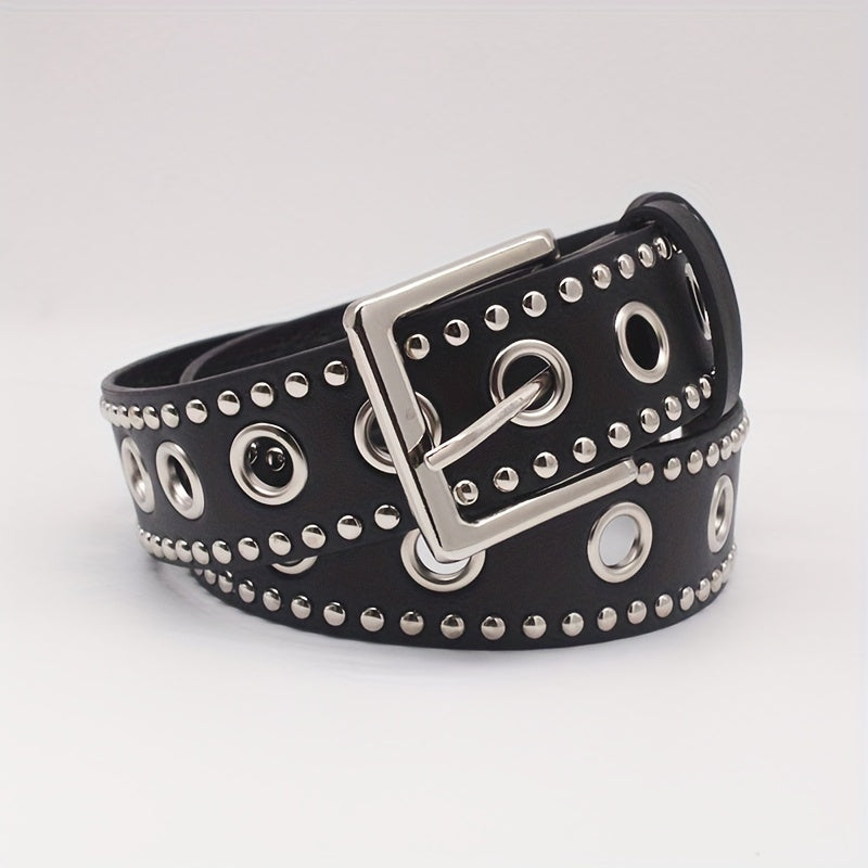 Punk Eyelet Rivet Studded Belts Black Hip Hop PU Waistband Trendy Jeans Pants Belt For Women & Men