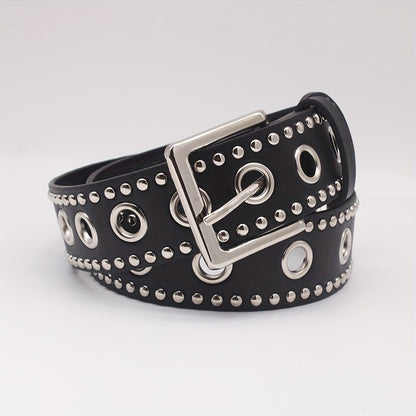 Punk Eyelet Rivet Studded Belts Black Hip Hop PU Waistband Trendy Jeans Pants Belt For Women & Men